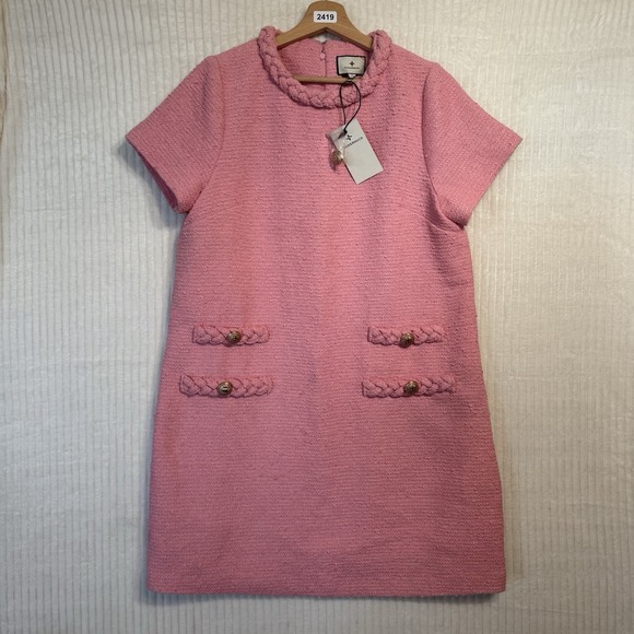 Tuckernuck Pink Tweed Short Sleeve Braided Neck Jackie Shift Dress Sz L $298 - Picture 12 of 13